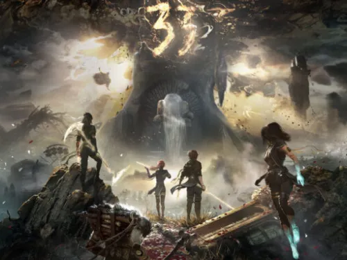 Cinco figuras armadas em uma paisagem desolada e apocalíptica.