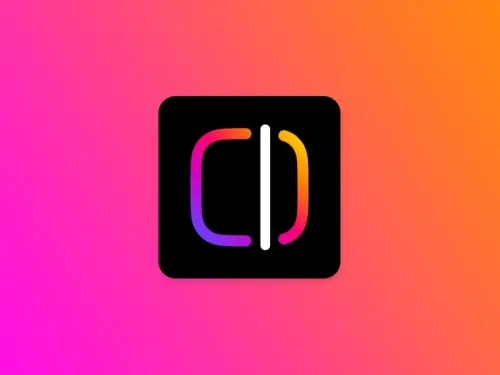 Logo colorido em fundo degradê laranja e rosa.
