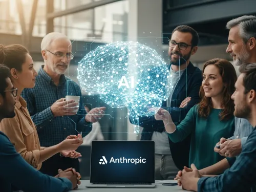 Pessoas em volta de laptop com projeção holográfica de cérebro AI.